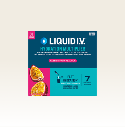 Liquid I.V. Hydration Multiplier Fruit de la Passion — Boîte de 30 sticks électrolytiques. Hydratation 2x plus rapide avec CTT®.