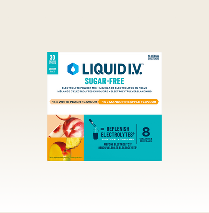 Liquid I.V. Sugar-Free Pack Variété Sans Sucre — Boîte de 30 sticks électrolytiques sans sucre. Trois goûts délicieux.